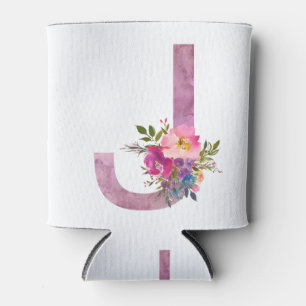 J, Floral Monogram initial , watercolor flower Can Cooler