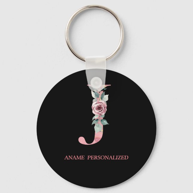 J Floral Monogram Name Letters Pink Agate Keychain (Front)