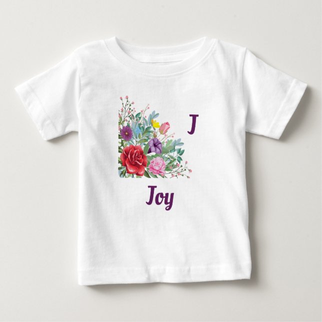 J Joy Personalise Letter Name, Rose Flowers Baby T-Shirt (Front)