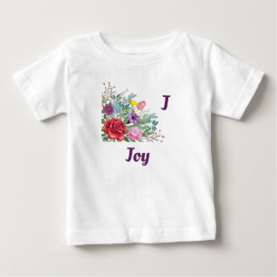 J Joy Personalize Letter Name, Rose Flowers Baby T-Shirt