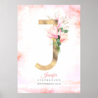 J Letter Monogram Gold Leaves Pink Magnolia Floral