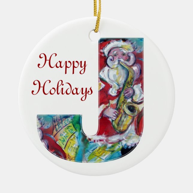 J LETTER /SANTA AND SAX, CHRISTMAS PARTY MONOGRAM CERAMIC TREE DECORATION (Front)