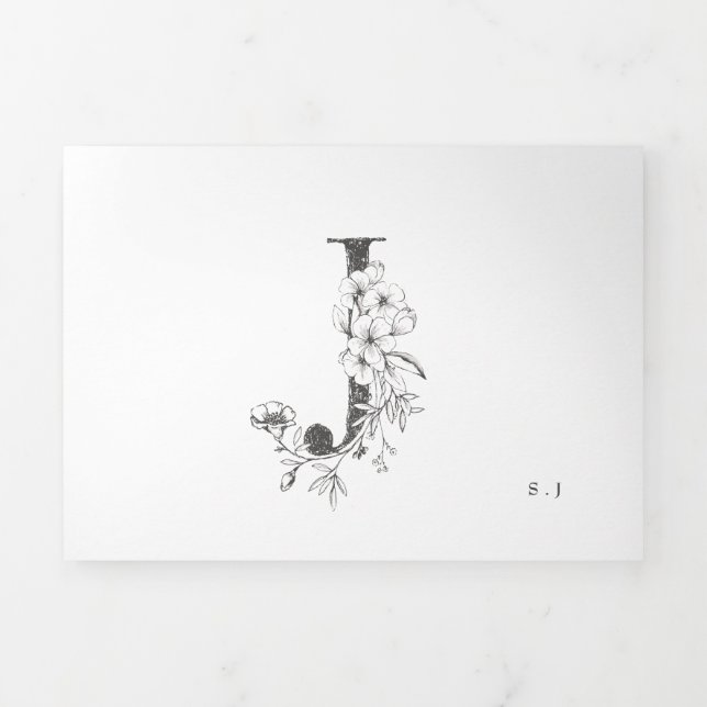 'J' Monogram Beautiful Sketched Floral Wedding Tri-Fold Invitation (Cover)