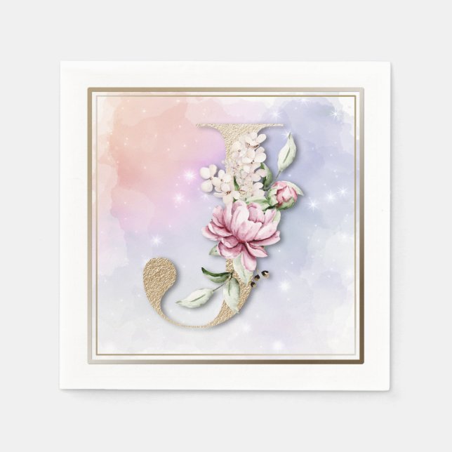 J Monogram Burgundy Floral Napkins (Front)