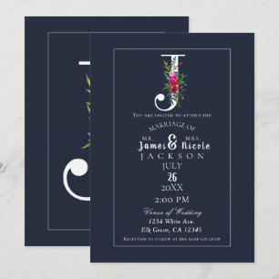 J Monogram Last Initial Modern Blue Floral Wedding Invitation