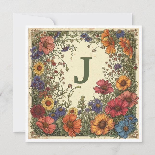 "J" Verdigris Green: Bloom & Monogram Holiday Card (Front)