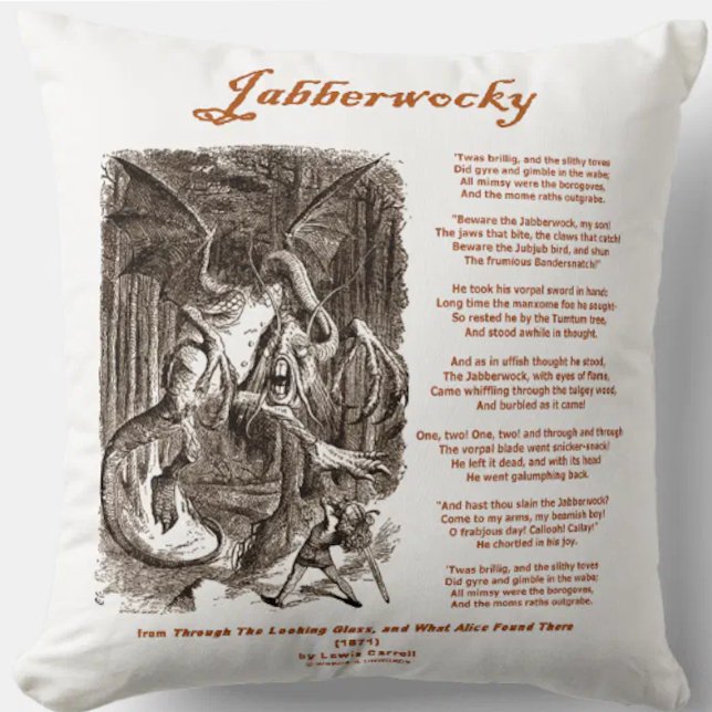 Jabberwocky Poem by Lewis Carroll (Black Adder) Cushion (Lewis Carroll Jabberwocky poem & John Tenniel drawing on this Wonderland attitude throw pillow)