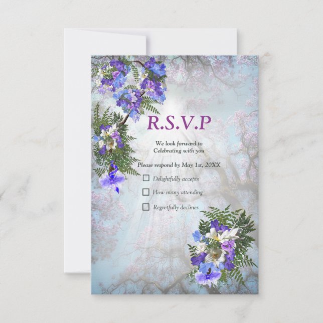 Jacaranda Blooms & Lily Bouquet RSVP Card (Front)