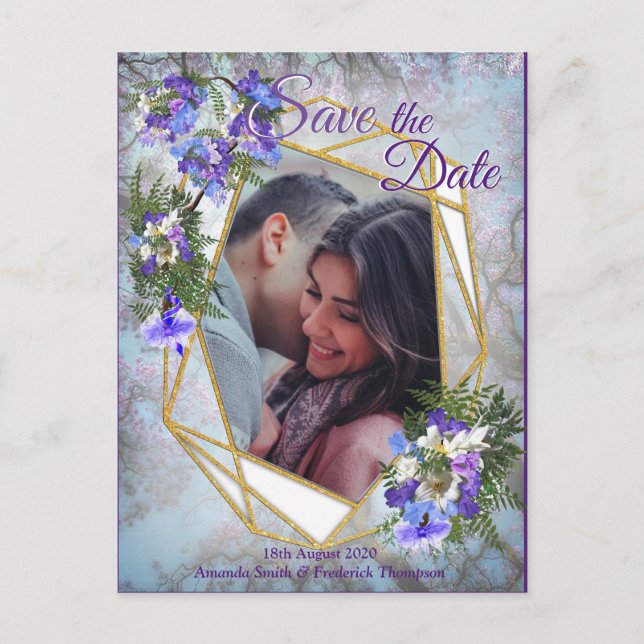 Jacaranda Blooms & Lily  Bouquet  Save the Date Announcement Postcard (Front)