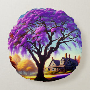 Jacaranda Tree Farm House, Round Cushion