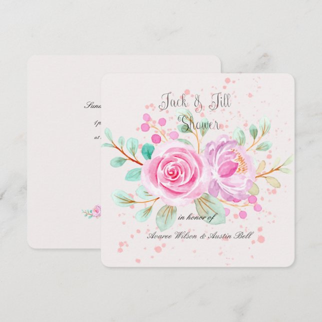 Jack and Jill Bridal Shower Watercolor Pink Roses Invitation (Front/Back)