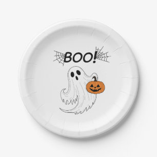 Jack-o’-lantern and A White Ghost Boo Halloween Paper Plate