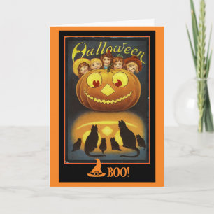 Jack o' Lantern and Black Cats Vintage Halloween Card