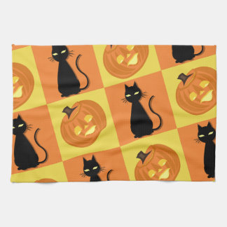 Jack-o’-lantern and cat kitchen towel. tea towel