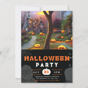 Jack-O' Lantern and Haunted House Black Halloween Invitation