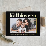Jack-o'-lantern Black and White Photo Halloween Foil Greeting Card<br><div class="desc">Happy Halloween! Send Halloween greetings to family and friends with this customisable Halloween card. It features retro bold typography and a pumpkin accent. Personalise by adding your details. This gold foil photo Halloween card is available in other colours. Matching items are available.</div>