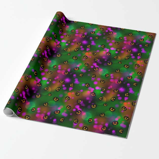 Jack-o-Lantern Bokeh Multicolor Halloween Pattern Wrapping Paper (Unrolled)