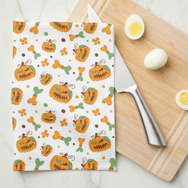 Jack-o-Lantern & Bones Spooky Halloween  Tea Towel (Quarter Fold)