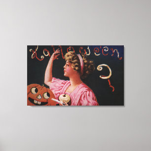 Jack-O-Lantern by Woman Peeling Apple Canvas Print