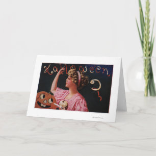 Jack-O-Lantern by Woman Peeling Apple Card