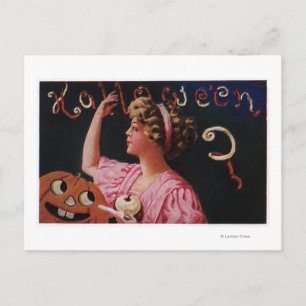 Jack-O-Lantern by Woman Peeling Apple Postcard