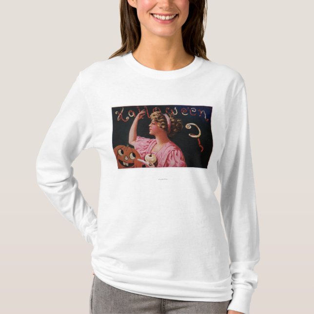 Jack-O-Lantern by Woman Peeling Apple T-Shirt (Front)