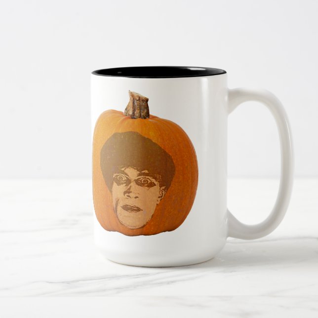 Jack o' Lantern Caligari Face, Halloween Pumpkin Two-Tone Coffee Mug (Right)