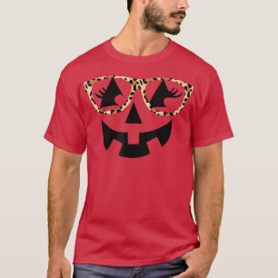 Jack O Lantern Face Pumpkin Hallowen Leopard Print T-Shirt