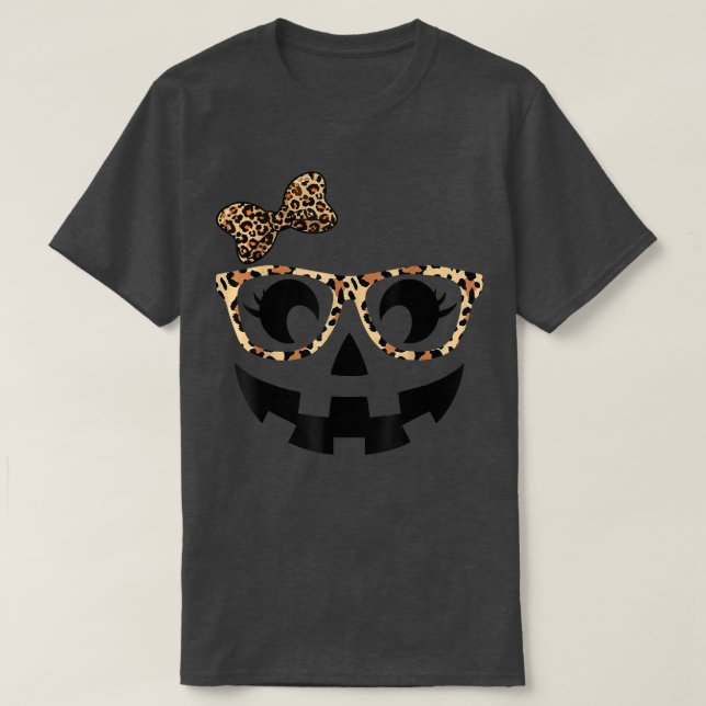 Jack O Lantern Face Pumpkin Hallowen Leopard Print T-Shirt (Design Front)