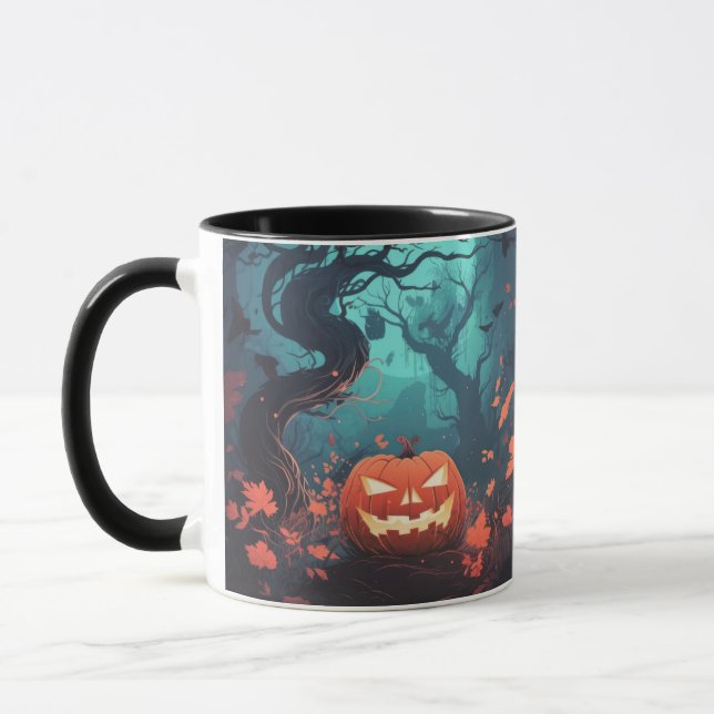 Jack-o' lantern Forest orange leaves Halloween Mug (Left)