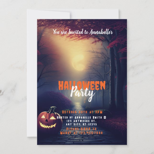 Jack-O' Lantern Full Moon Forest Halloween Party Invitation (Front)