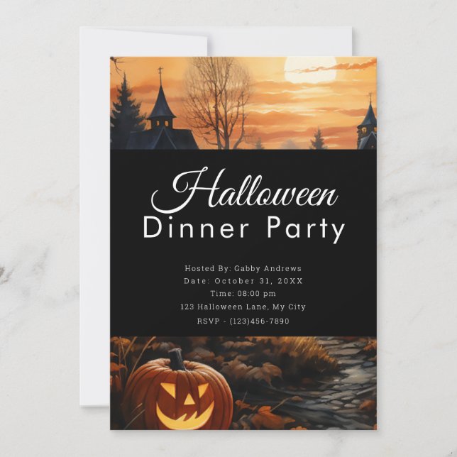 Jack-O' Lantern Full Moon Halloween Dinner Party Invitation (Front)