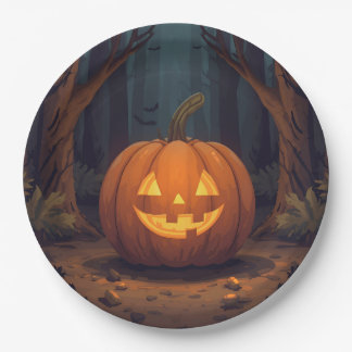 Jack O' Lantern Glowing In The Forest Paper Plate