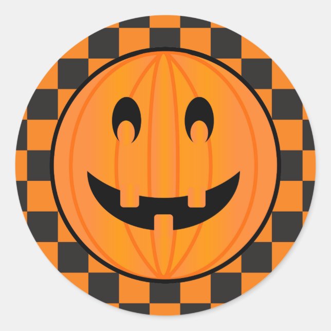Jack o Lantern, Halloween Pumpkin Check Design Classic Round Sticker (Front)