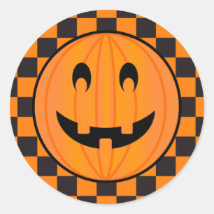 Jack o Lantern, Halloween Pumpkin Check Design Classic Round Sticker