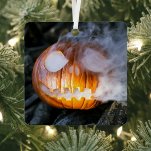 Jack-o-Lantern Halloween Pumpkin Head on Fire  Metal Tree Decoration