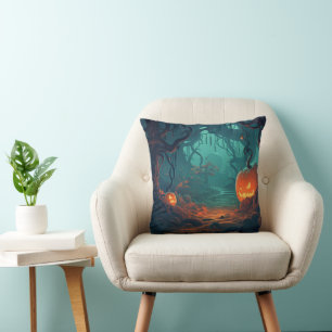 Jack-O' Lantern in a Creepy Forest Halloween Cushion