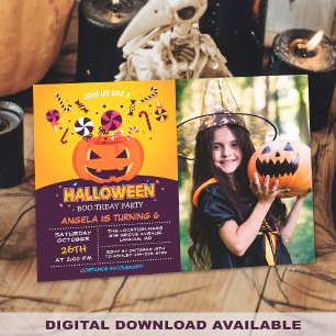 Jack-O-lantern Kids Photo Halloween Birthday Party Invitation