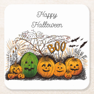 Jack-o-lantern Line-up Cooler Square Paper Coaster