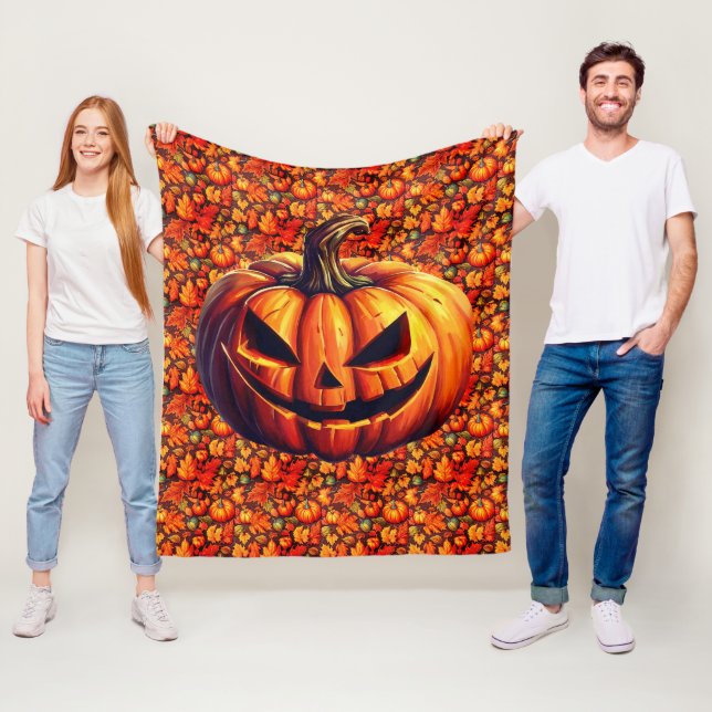 Jack-O-Lantern on Autumn Leaves and Pumpkins Fleece Blanket (In Situ)