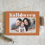 Jack-o'-lantern Orange Photo Happy Halloween Card<br><div class="desc">Happy Halloween! Send Halloween greetings to family and friends with this customisable Halloween card. It features retro bold typography and a pumpkin accent with an orange background. Personalise by adding your details. This custom photo Halloween card is available in other colours. Matching items are available.</div>
