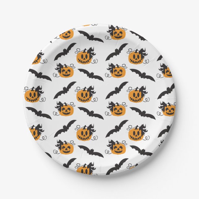 Jack O Lantern Pumpkin Bat Halloween Black Orange Paper Plate (Front)