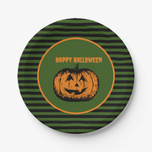 Jack-o'-lantern Pumpkin Black Green Orange Striped Paper Plate