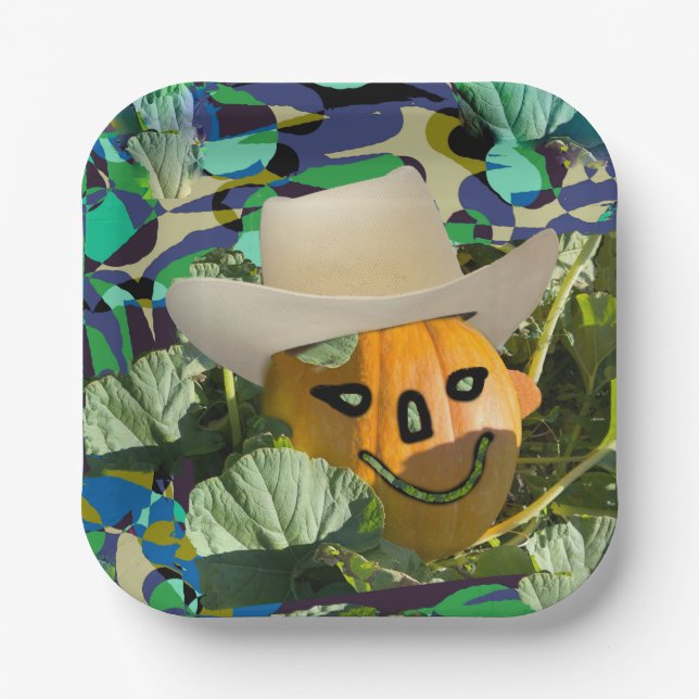 Jack-o-lantern pumpkin cowboy hat Halloween face Paper Plate (Front)