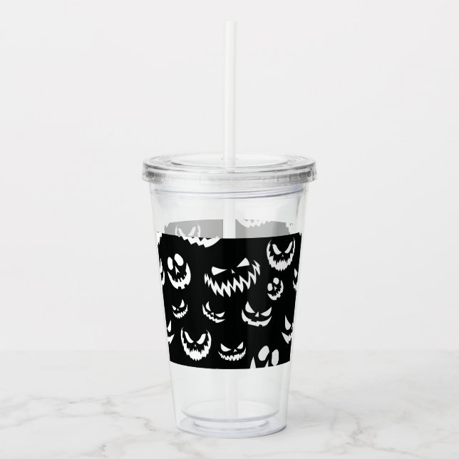 Jack O Lantern Pumpkin Face Black and White Acrylic Tumbler (Front)