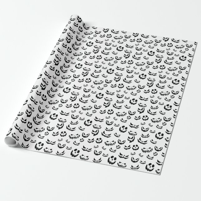 Jack O Lantern Pumpkin Face Black and White Wrapping Paper (Unrolled)