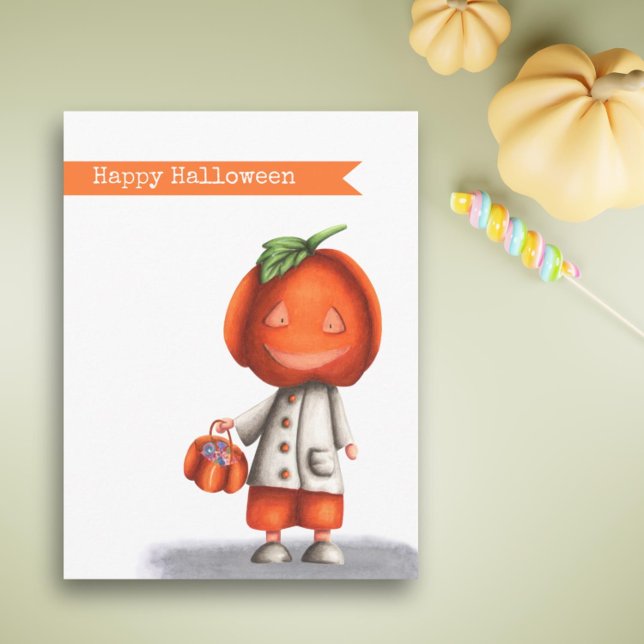 Jack O Lantern Pumpkin Head Boy Happy Halloween Postcard (Cute Kids Jack O Lantern Pumpkin Head Halloween Postcard by Kinda Cute by Patricia Alvarez)