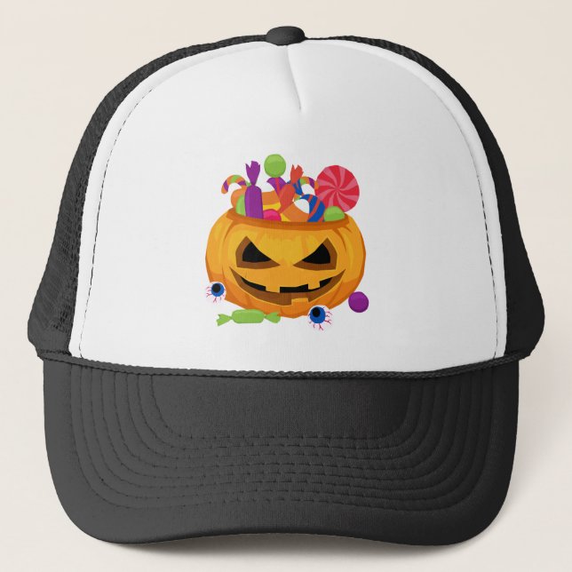 jack o lantern pumpkin trucker hat (Front)