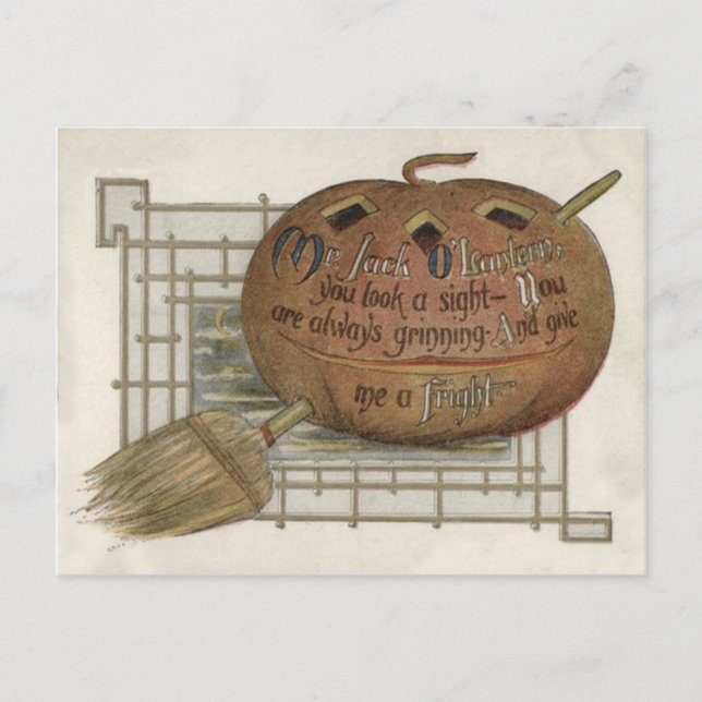 Jack O' Lantern Pumpkin Witch's Broom Postcard (Front)