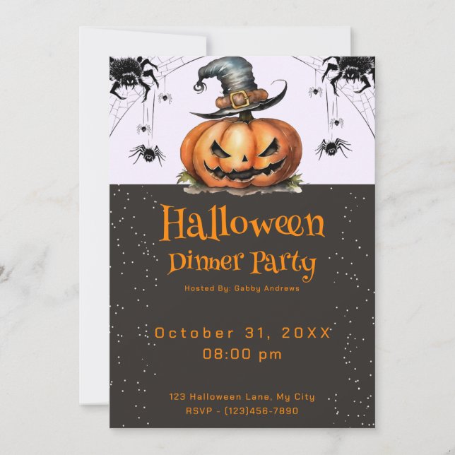 Jack-O' Lantern Spiderwebs Halloween Dinner Party Invitation (Front)